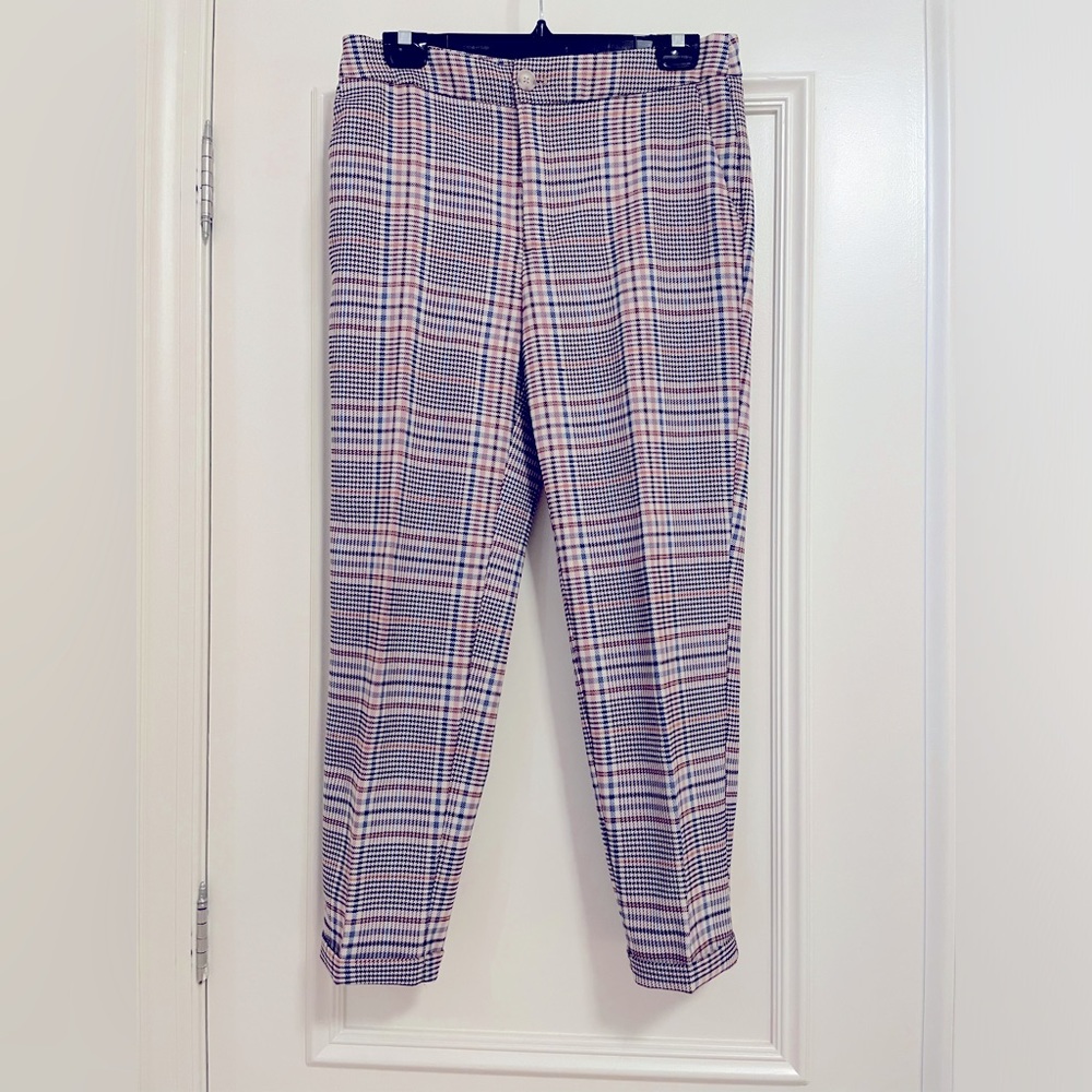 Plaid/houndstooth combo cropped pants with blush, purple and blue tones